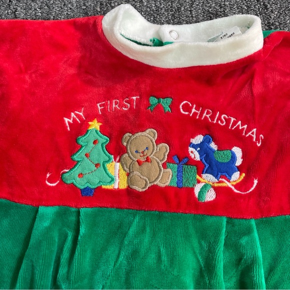 Vintage Baby's First Christmas Romper One Piece Size 6 Months Red Green Velvet - Picture 2 of 10